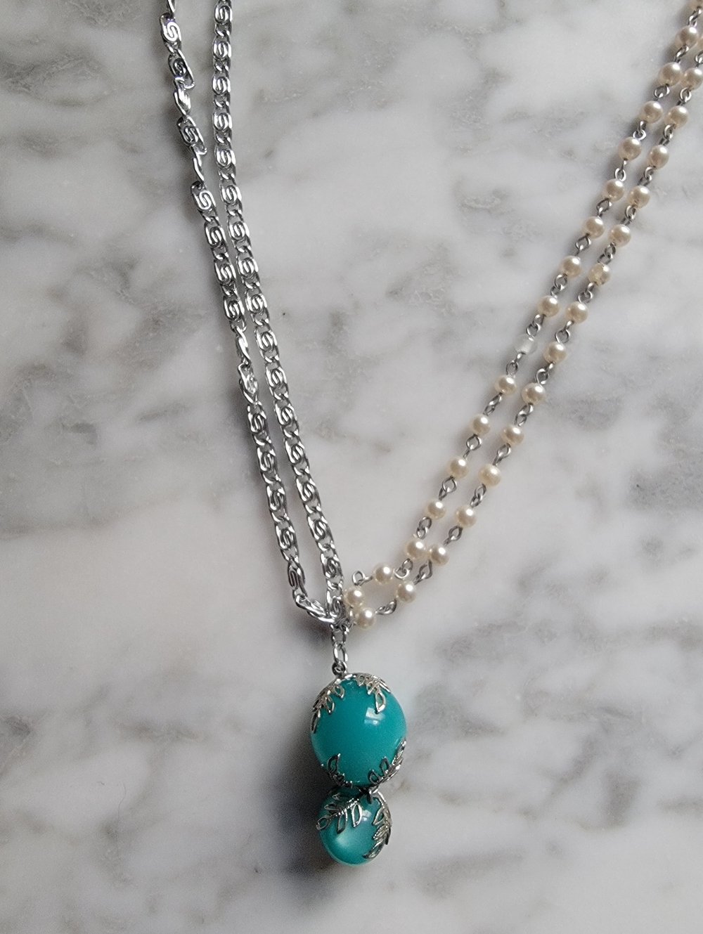Vintage Drop Pendant Pearl Silver Necklace - Picture 2 of 2